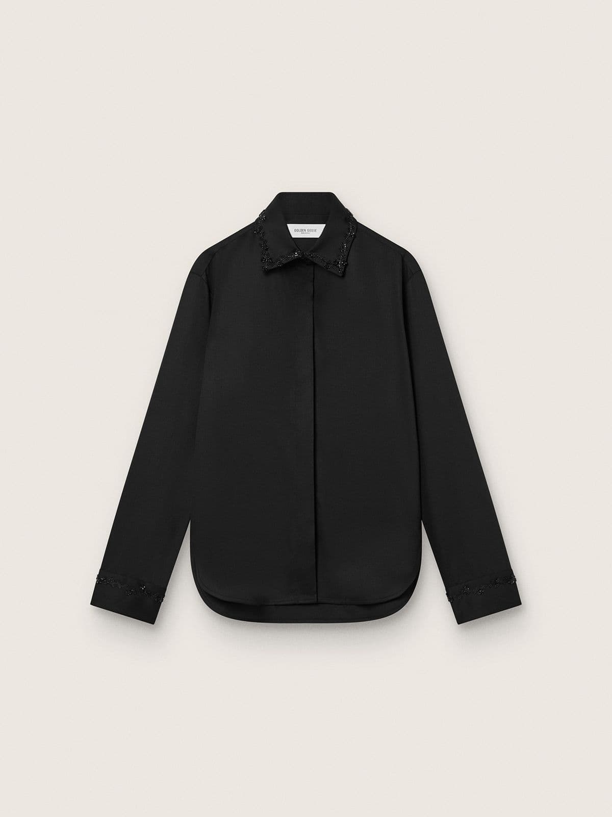 c881e4b5c2d32d3ff0baf2c7ebef799e2450a139d99881b5eb6fdf20ea9e70ae Women's shirt in black wool twill with floral embroidery in glass beads - Image 1
