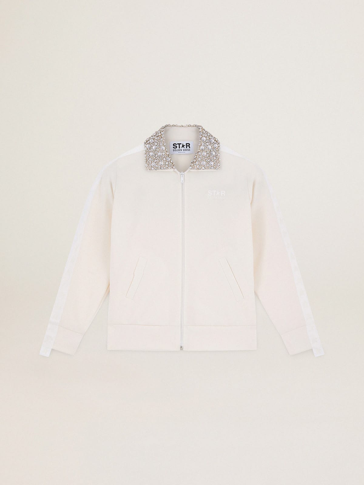 c8aa2c80e1c54f922b5f5c5502b62d3814bac1b9d5a6c0dd973508365bf3bf31 Papyrus white Denise Star Collection zipped sweatshirt with crystal collar - Image 1