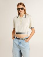 Women's cropped worn-white cotton polo shirt with blue ribbing - Image 3