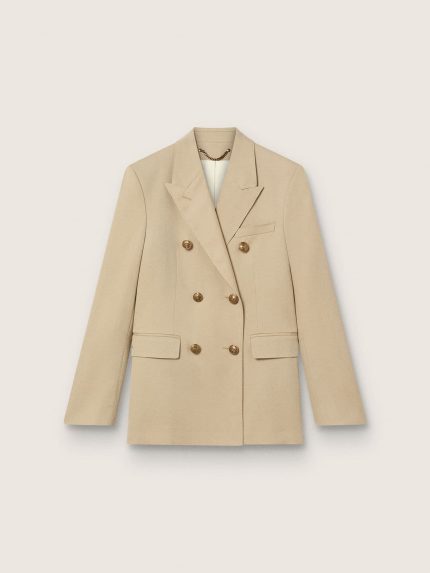 Women's double-breasted blazer in sand with gold heraldic buttons
