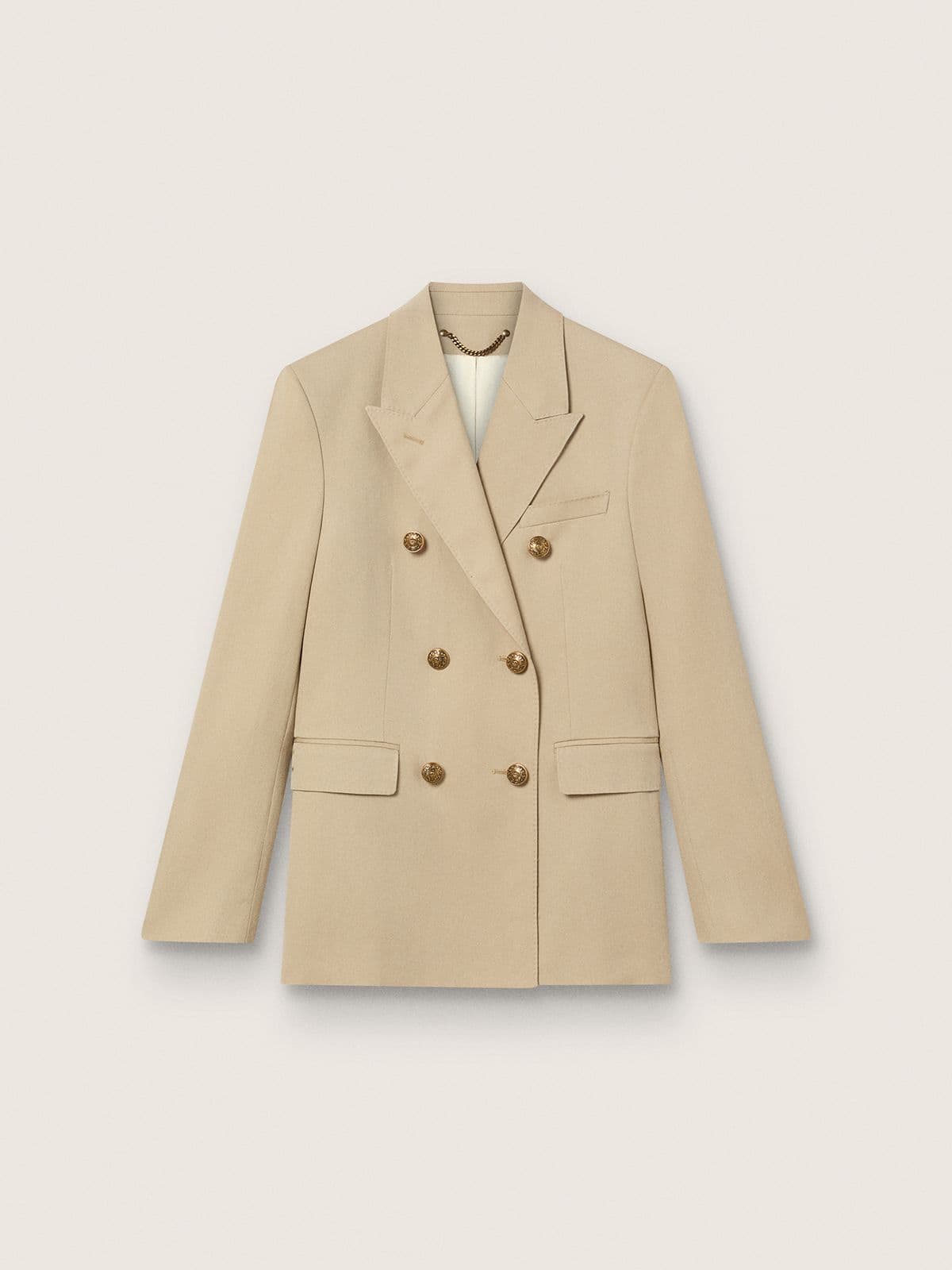 c8fab8c6ae1b1bf9bddb7f0f113f48d05fefe84dda73339f53884d6b57b345d2 Women's double-breasted blazer in sand with gold heraldic buttons - Image 1