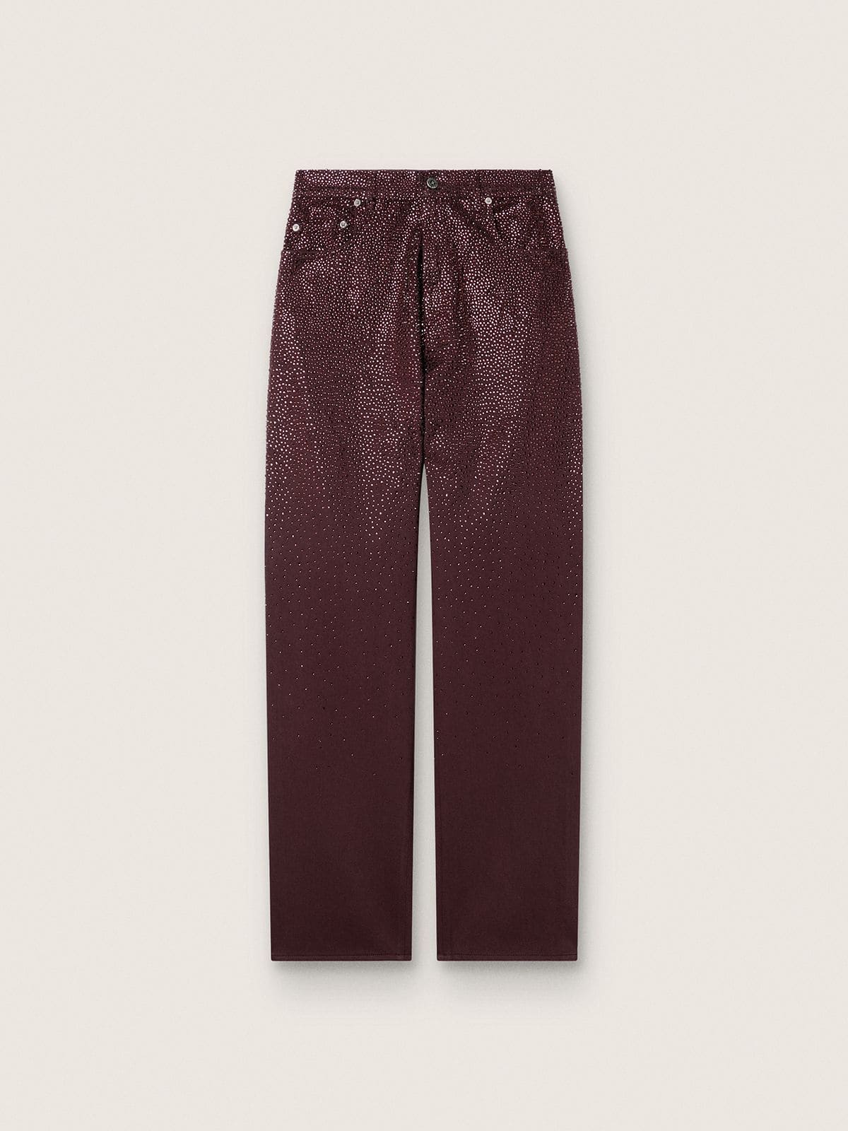 ca33b5cf851a45a9726a0caf0dbc4fe422e456b339a7b44314a2f91d48d34a46 Women's jeans in burgundy denim with gradient crystals - Image 1
