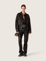 Women's bomber jacket in dark burgundy nappa leather with floral embroidery - Image 3