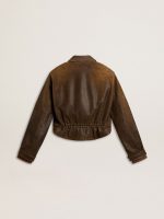 Women's cropped brown leather biker jacket with zip - Image 6