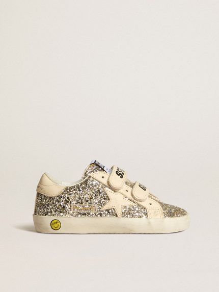Old School Young in platinum glitter with leather star and heel tab