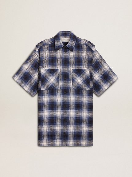Women's short shirt dress with 3D checkerboard pattern and embroidery