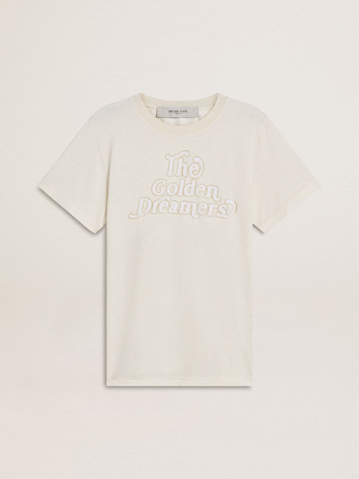 cd35ce012e02585bd306bb5cbccc32b63b71fb2aab222752e0faef035d6dd44d Women's white T-shirt with print on the front - Image 1