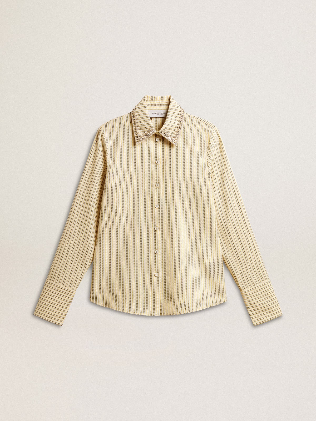 cd366232a3e8dee3992b56df735449add2ef3c88fbc9a526d00ba6f5d5edc3a9 Ecru shirt with stripes and embroidered crystals - Image 1