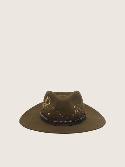 Olive-green fedora hat with brown ribbon and desert-themed embroidery