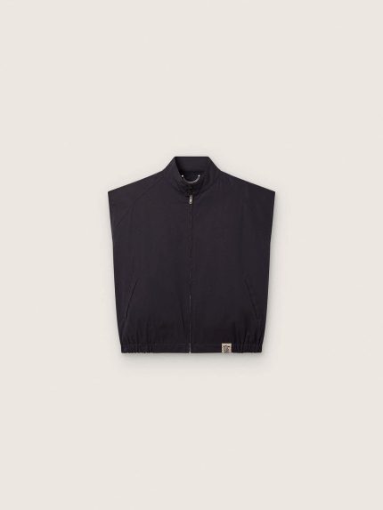 Men's vest in dark blue cotton twill with zip and flag print label