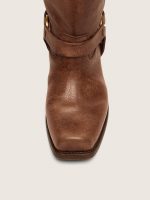 Women's high Biker boots in brown leather with strap and antique gold-colored buckle - Image 5