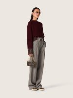 Women's crew-neck sweater in burgundy wool with rhinestone embroidery - Image 3