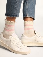 Distressed-finish white socks with baby-pink logo and stripes - Image 4