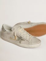 Women's Super-Star in ivory nappa leather with platinum glitter star and heel tab - Image 3