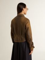 Women's cropped brown leather biker jacket with zip - Image 4