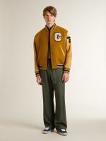 Ochre yellow wool bomber jacket with leather sleeves - Image 3