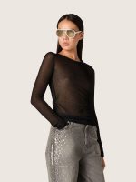 Women's crew-neck sweater with black floral jacquard pattern - Image 5