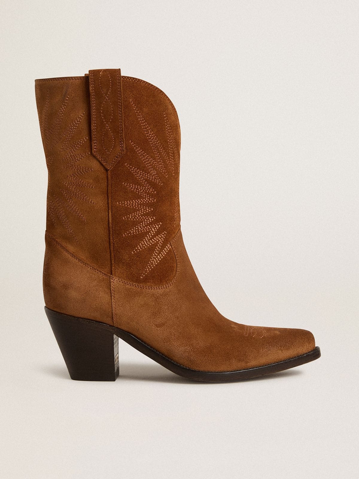 d79b4b621b85fe3d7a2aff684b96a313de86f060daf189a9480084e1680db5b7 Low Wish Star boots in cognac suede with tone-on-tone embroidered star - Image 1