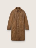 Unisex trench coat in brown waxed twill with leather details