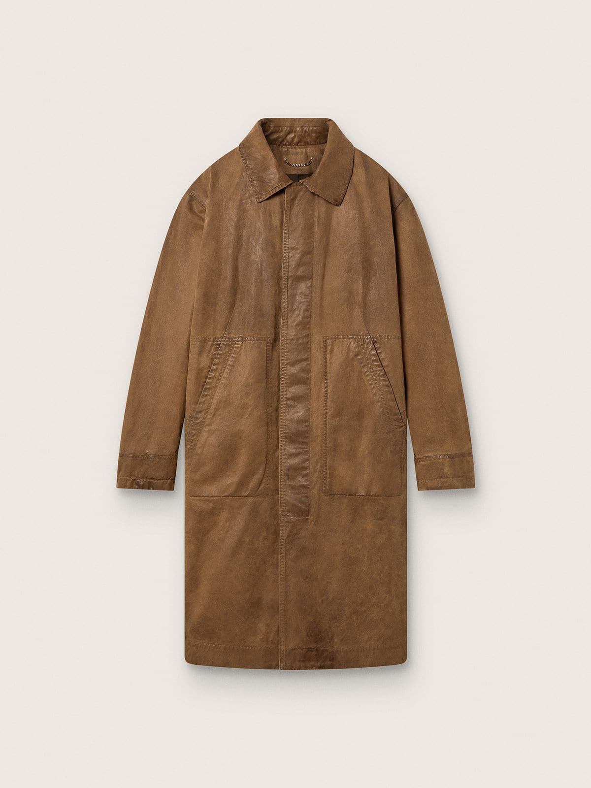 d7bc63bb5d41b4d2e985f9e54429efea1af7db595d5b2fda4352a8086f9e915d Unisex trench coat in brown waxed twill with leather details - Image 1
