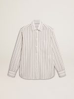 Men's white cotton shirt with fine burgundy stripes