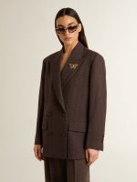 Women's double-breasted blazer in dark brown wool with thin stripe pattern - Image 2
