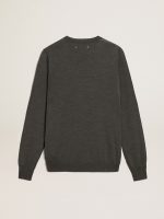 Men's round-neck sweater in dark gray m��lange wool - Image 5