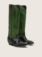 Women's high Wish Star boots in black leather with green leather leg and white embroidery - Image 2