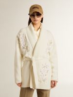 Women's cream-colored cotton cardigan with floral embroidery - Image 2
