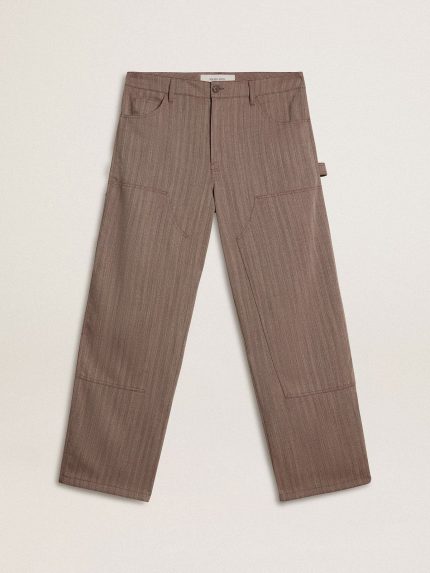 Men's wool blend pants in light brown micro chevron