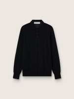 Men's long-sleeved polo shirt in black merino wool