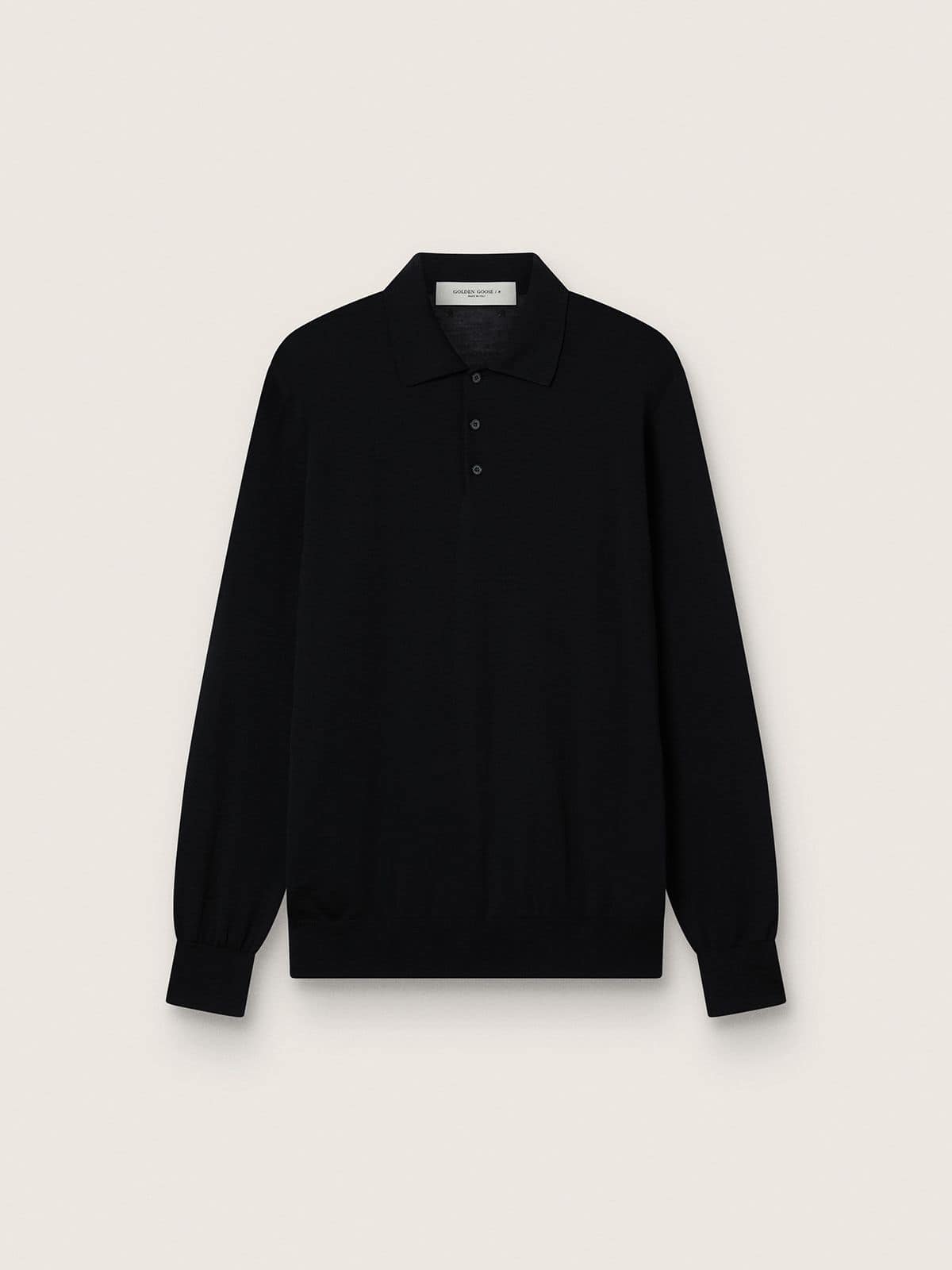 dc238ec3b08d6b6ab43dd150a456efee657692ee6638d7fcb9ef31525c4a9669 Men's long-sleeved polo shirt in black merino wool - Image 1