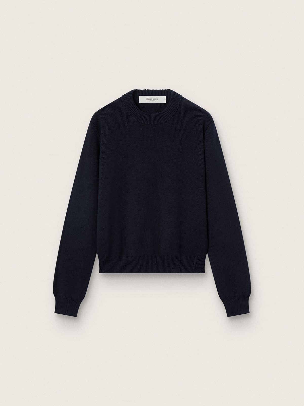 dc2b6ed6ccc6b3a8ea6b46a6729afc1ff8c36a89f2de5bf98b8c48b7a376d5d7 Women's round-neck sweater in dark blue cotton - Image 1