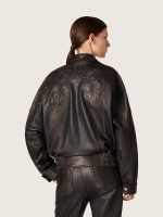Women's bomber jacket in dark burgundy nappa leather with floral embroidery - Image 6