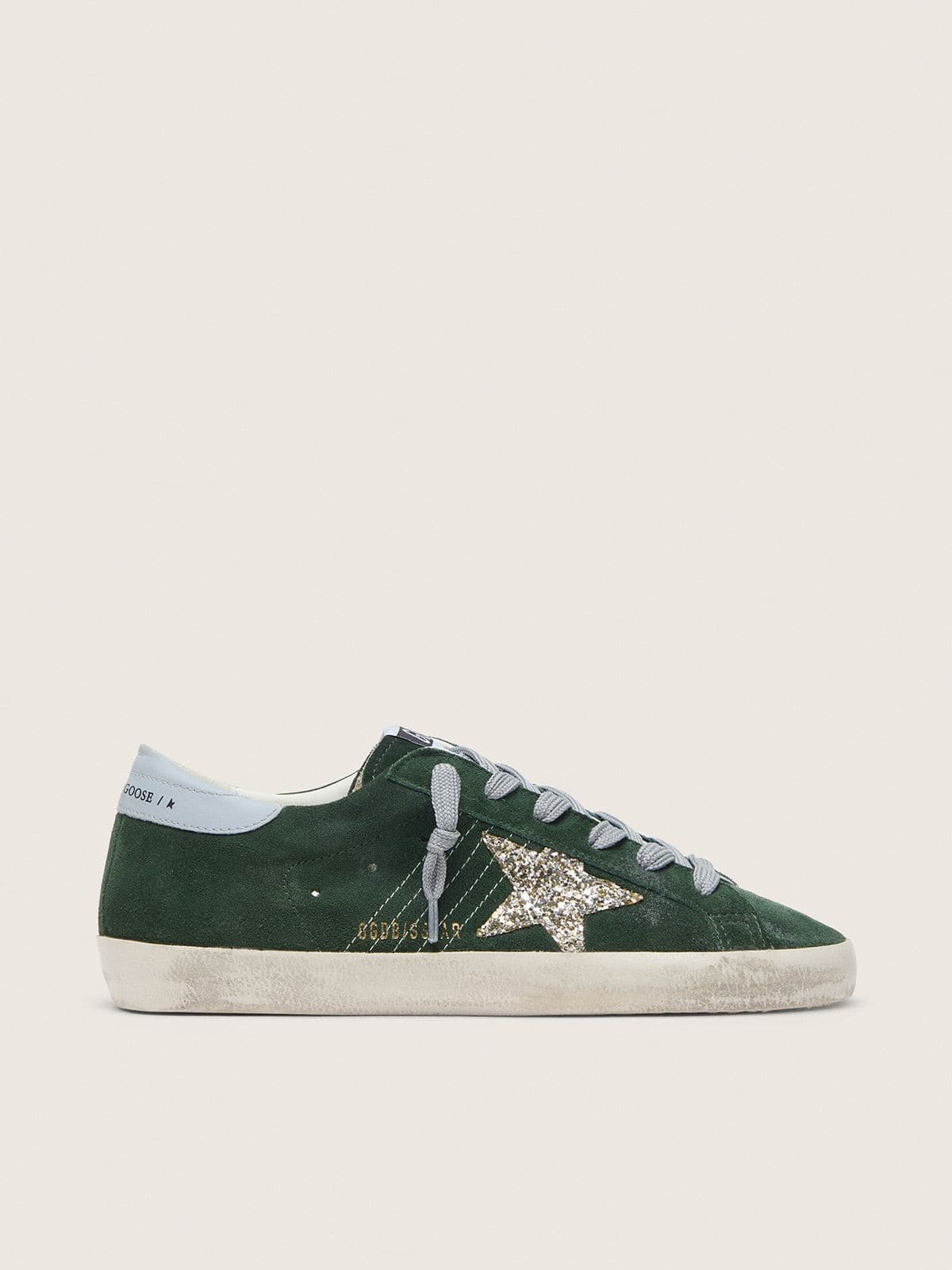 dd782ab76627f5b7a6dc88abf9c47832d5a872cb86320ced549062c22cfd8a0a Women's Super-Star in green suede, silver glitter star and leather heel tab - Image 1