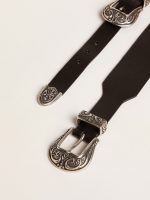 Black belt in washed leather with silver-colored double buckle - Image 2