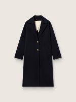 Women's single-breasted cocoon coat in dark blue wool with gold button