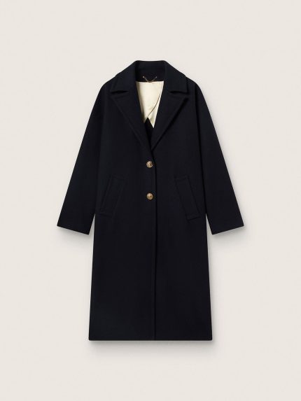 Women's single-breasted cocoon coat in dark blue wool with gold button