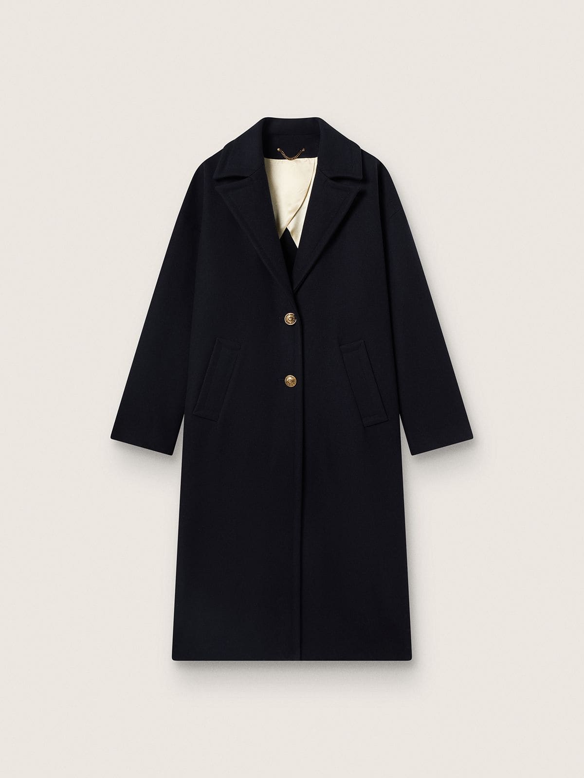 de1e6fbc411616333df6e6e7b6467e17654a4321962b2954fe6f125853f12353 Women's single-breasted cocoon coat in dark blue wool with gold button - Image 1