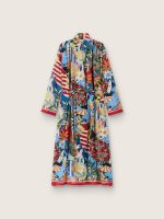 Women's kaftan dress in ecru cotton voile with multicolor print