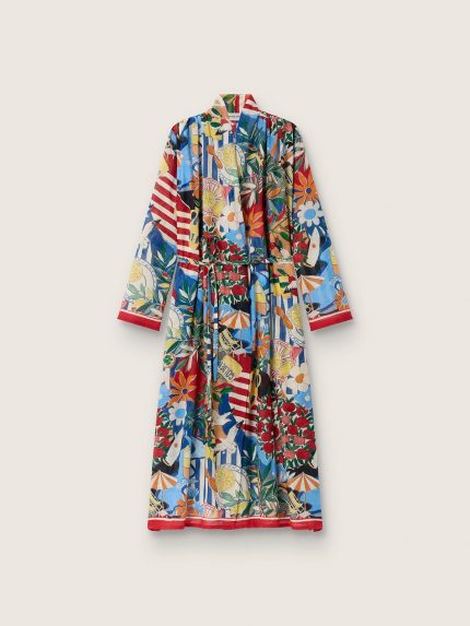 Women's kaftan dress in ecru cotton voile with multicolor print