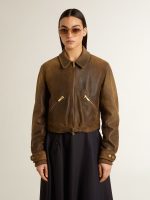 Women's cropped brown leather biker jacket with zip - Image 2