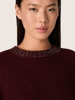 Women's crew-neck sweater in burgundy wool with rhinestone embroidery - Image 4