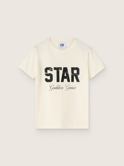 Boys' white cotton T-shirt with black print