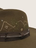 Olive-green fedora hat with brown ribbon and desert-themed embroidery - Image 4