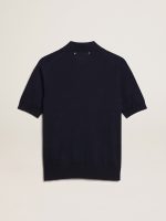 Women's polo shirt in navy-blue merino wool - Image 6