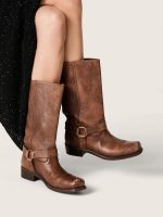 Women's high Biker boots in brown leather with strap and antique gold-colored buckle - Image 3