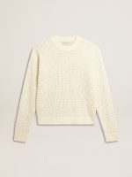 Women's crew-neck sweater in white merino wool with all-over crystals