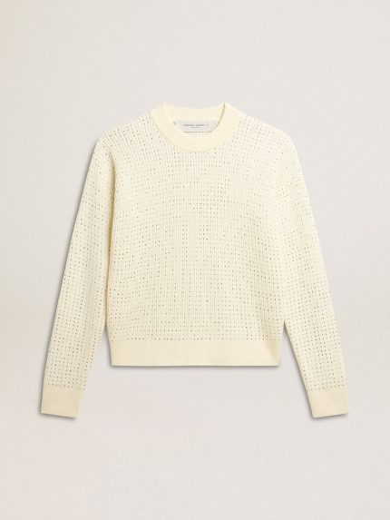 Women's crew-neck sweater in white merino wool with all-over crystals