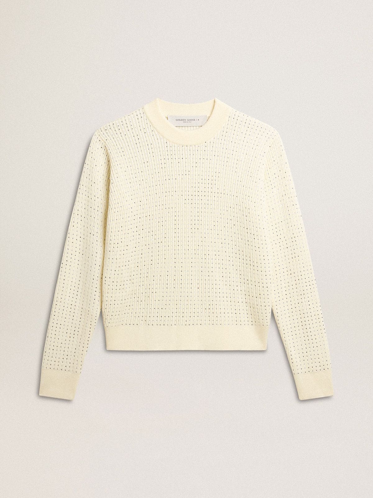 e5c871a9b5acff0246437c3e91217fbabd20468f216680eeb89d389abebc7a04 Women's crew-neck sweater in white merino wool with all-over crystals - Image 1